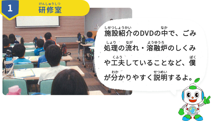 施設紹介のDVDの中で、ごみ処理の流れ・溶融炉のしくみや工夫していることなど、僕が分かりやすく説明するよ。