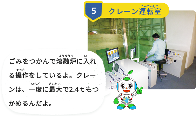 ごみをつかんで溶融炉に入れる操作をしているよ。クレーンは、一度に最大で2.4ｔもつかめるんだよ。